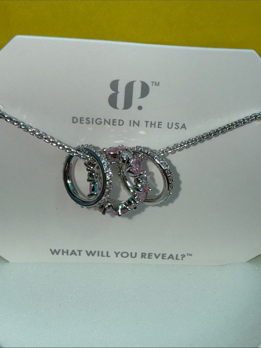 bp Silver-Tone Triple Circle Necklace with Pink Accents